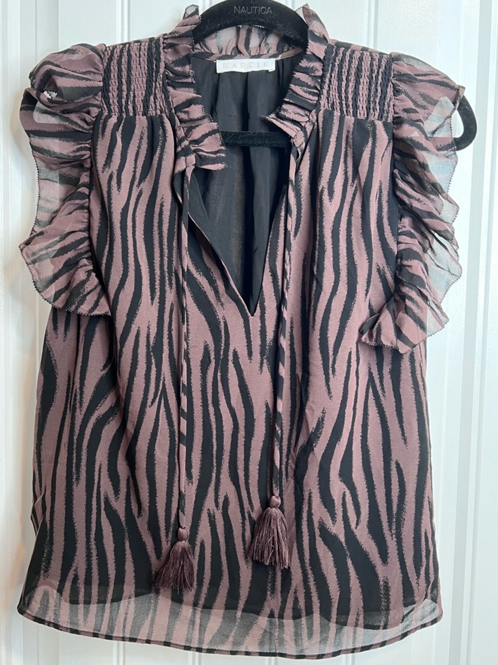 Karlie Brown Black Moremi Zebra-Print Tassel Tie-Front Blouse. Size Small.